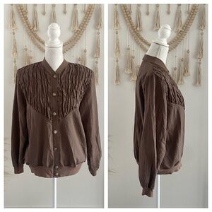 Vintage jacket brown nylon shirred button up womens with shoulder pads medium